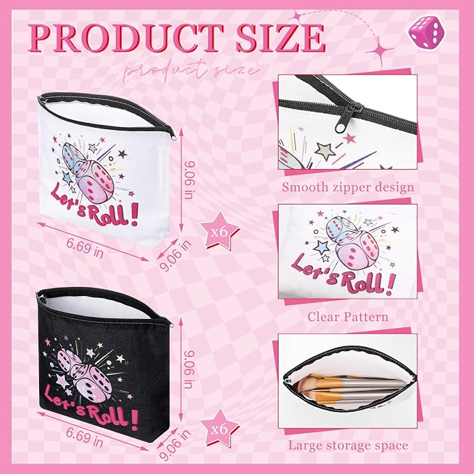 12 Pcs Bunco Gifts for Women Bunco Makeup Bags Let's Roll Dice Game Makeup Bags Casino Lover Gifts Travel Zipper Pouch Dice Game Present Birthday Present for Women Players