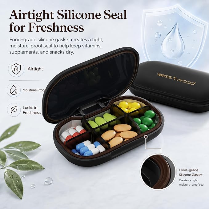 HyJeryty 6-Compartment Pill Organizer - Small Compact Travel Pill Case for Vitamins, Medication and Supplements - Portable Black Medicine Pill Box with Stylish Design
