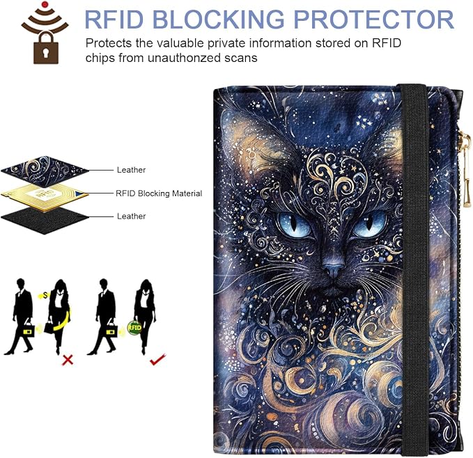 Passport Holder for Travel, RFID Blocking Passport Cover for Women Zipper | Travel Wallets, Passport Book Holder, Credit Card Holder, ID Window,SIM Card Slots, Coin & Tickets Pocket, Cool Cat