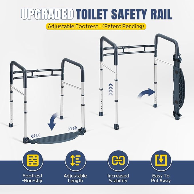 Toilet Safety Rails with Footrest, Folding & Portable Bathroom Toilet Handles for Elderly, Seniors, Handicap & Disabled, Adjustable Toilet Safety Frame Fit Any Toilets (350 LB)