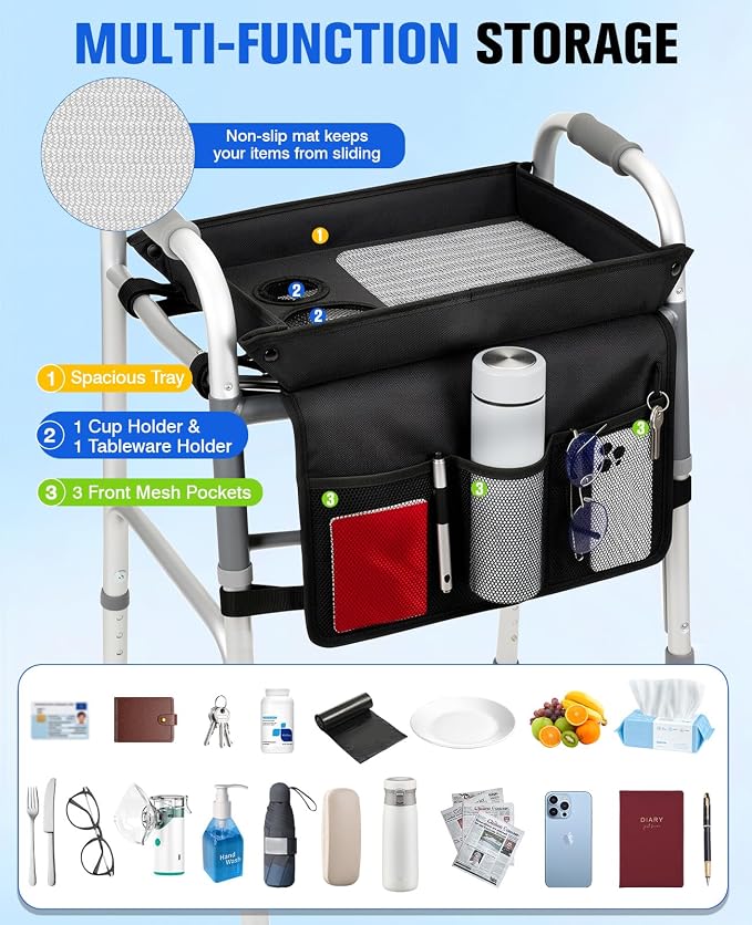Rhino Valley Walker Tray for Folding Walker,Tray for Walker with Cup Holder | Sturdy & Non-Slip Tray for Walkers,Fits Standard Walkers,Removable&Easy Assembly, Mobility Accessory for Seniors Meals Drinks