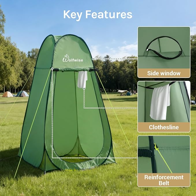 WolfWise Pop Up Shower Tent for Camping Essentials, Compact & Lightweight | Portable Instant Changing Tent with Window & Carry Bag, Privacy Dressing Room Bathroom for Outdoor, 6'3"/6'11" H