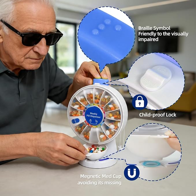 EziMedPil One-Touch Button Pill Organizer with No-Flip Design & Child Lock | Braille Symbol Friendly for Elderly, Standing Use or Wall-Mounted or Glass-Sticking Pill Container for Vitamin & Medicine