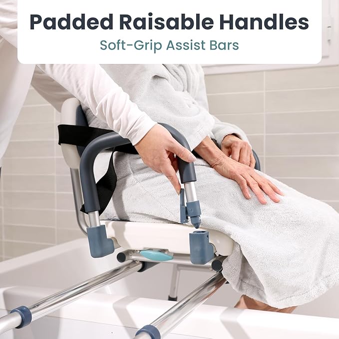 Sliding Shower Chair Tub Transfer Bench with Swivel Seat, Shower Bench for Elderly and Disabled, with Security Belt, 360 Rotation, Slides and Rotates, Adjustable,one Touch Slide Button, Dark Blue