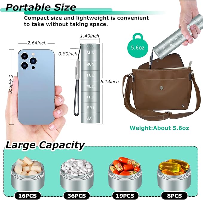 Aluminium Travel Pill Organizer,Weekly Metal Pill Case,Pill Holder, Moisture Proof Waterproof Daily Pill Box 7 Day, Large Pill Container to Hold Vitamins,Medication,Supplements 【Light Blue】