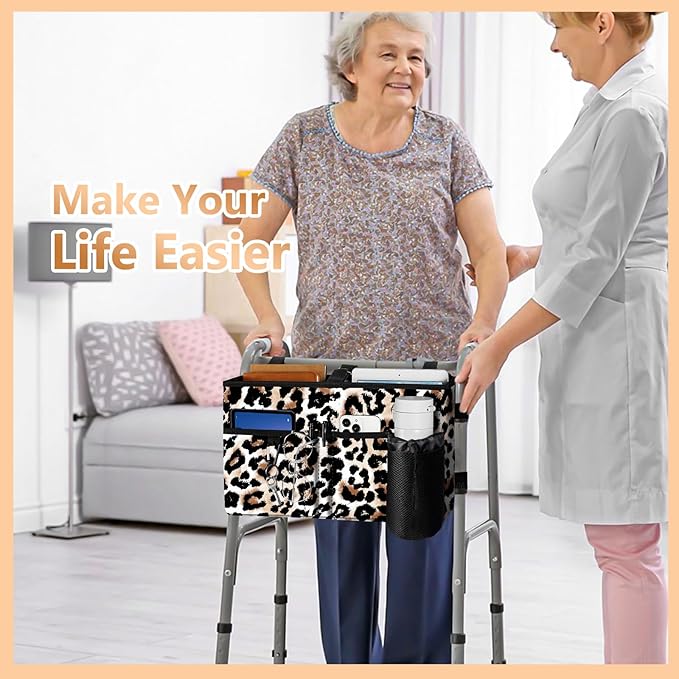 Rhino Valley Walker Bag, Multi Pockets Folding Walker Basket Tote Bag with Cup Holder,Hand-free Carry Pouch Storage Bag for Universal Walkers,Large Capacity Organizer for Seniors Elderly,Brown Leopard