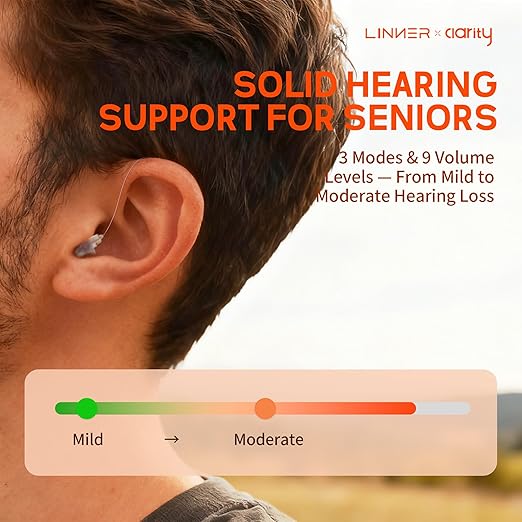 LINNER Upgraded Hearing Aids for Seniors, OTC Rechargeable Amplifier with Noise Cancelling, Designed for Adults with Mild to Moderate Hearing Loss, With Charging Case for All-Day Use (Black)