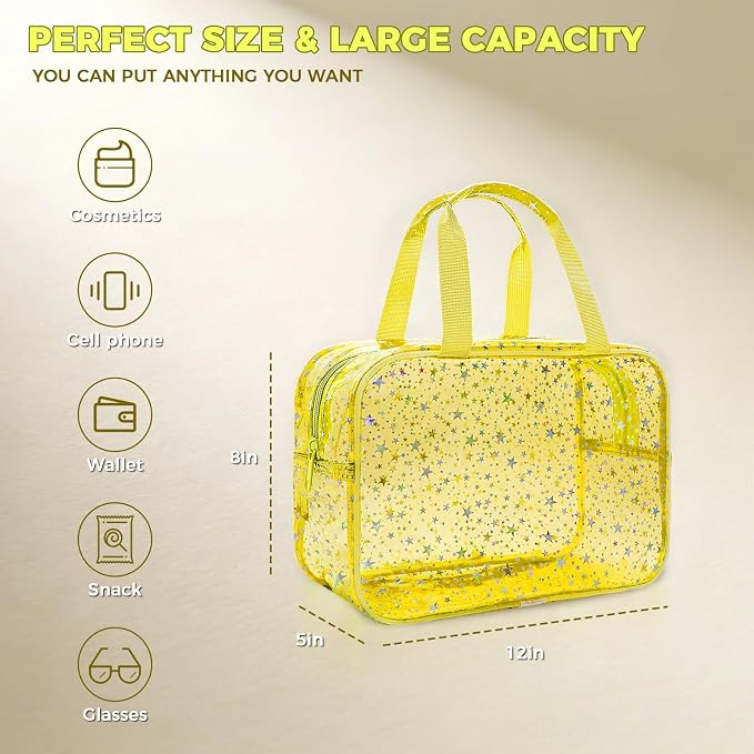Clear Yellow Star Large Makeup Bag with Star Pattern 12x5x8 inch, Travel Cosmetic Bag with Handle, Durable PVC Material Washbag Zipper Opening Design for Makeup Travel Organizer or Gym Use