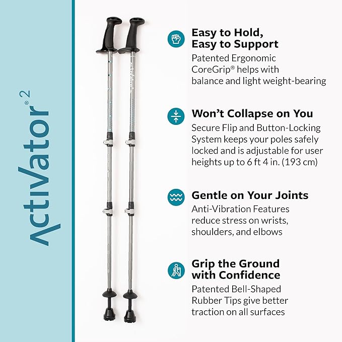 Urban Poling ACTIVATOR2®, Dark Gray/Cyan, 1 Pair – For Users Up to 6’4" – Lightweight, Aluminum Nordic Walking Sticks – Collapsible & Adjustable Hiking Gear – Ergonomic Rubber Grip, Carbide Metal Tip,