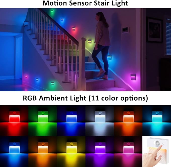 8 Pack Rechargeable Stair Lights for Indoor, Motion Sensor Night Lights | RGB, Stepless Dimming, Automatic, Magnetic, Battery Operated LED Lamp for Step Toilet Hallway Under Cabinet Closet Wall