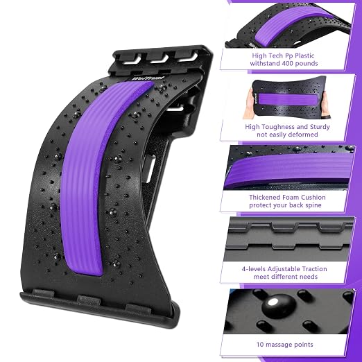 Back Stretcher - 4-Level Adjustable Lumbar Support Board & Back Cracker for Lower Back Pain Relief, Home Office Use (Purple)