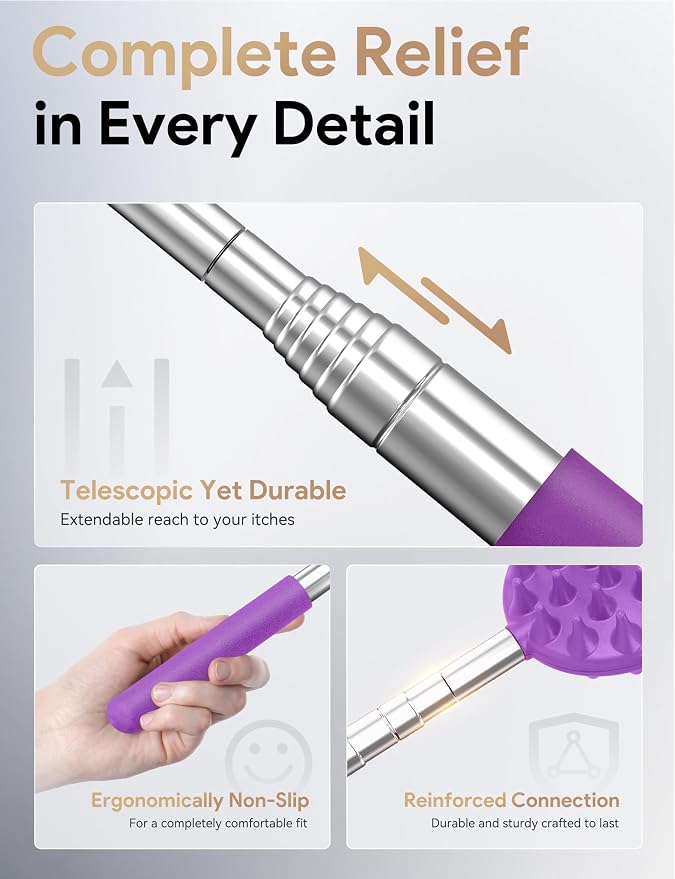 Telescoping Back Scratcher with 5 Detachable Heads, Gift for Men Purple | 10-30" Reach, Stainless Steel Pole, Rubber Grip, Christmas Stocking Stuffers, White Elephant, Anniversary and Birthday Gift