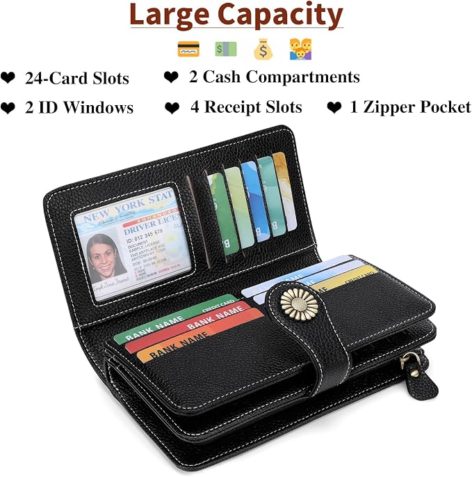 SENDEFN Wallets for Women Leather Credit Card Holder with RFID Blocking Large Capacity Wristlet | with RFID Blocking