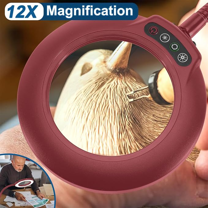IVMAIE 12X Magnifying Glass with Light, Real Glass Lens, 5 Color Modes Dimmable, Flexible Gooseneck Lighted Magnifier with Stand, LED Desk Lamp Hands Free for Crafts Painting Reading Close Work, Red