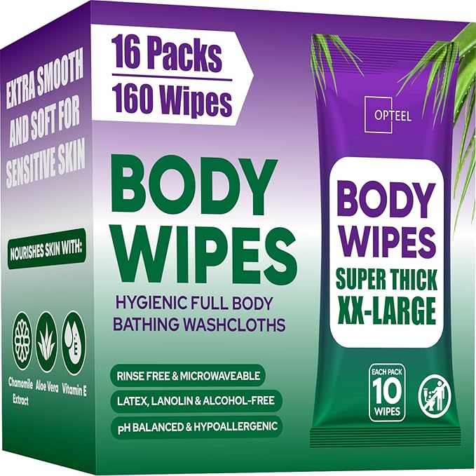 Thick & Large Body Wipes for Adults Bathing No Rinse – Shower Wipe, Ideal for Men, Women & Elderly – Soft & Gentle, Travel Wipes Perfect Alternative to Shower – 16 Packs (160ct)