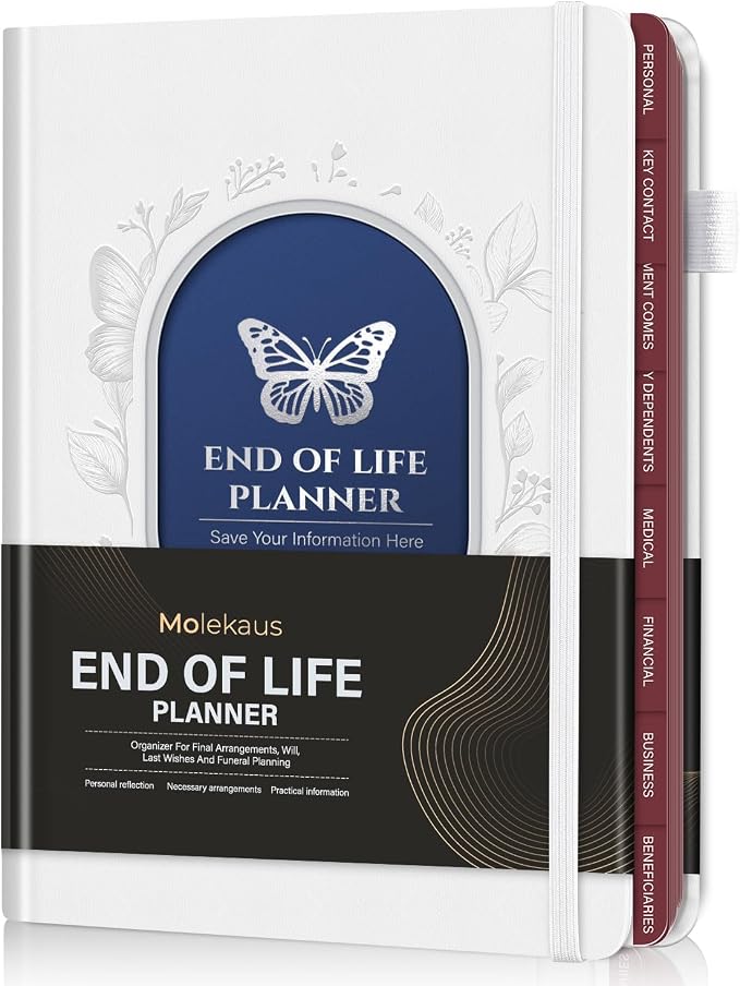 Molekaus End of Life Planner with Tabs, 7"x10" | Guided Estate Planning Organizer, Large Print, 120GSM Thick Paper, Inner Document Pockets for Final & Legal Affairs, White