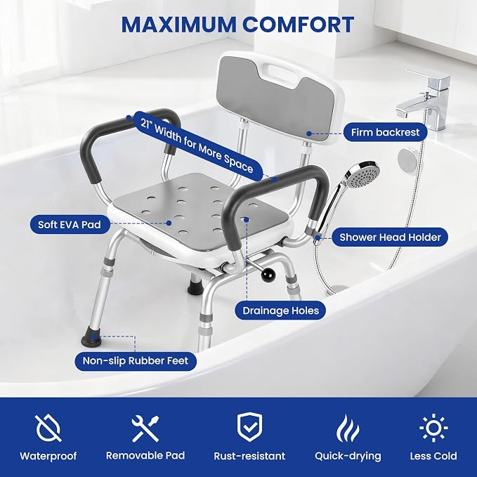 Deluxe Swivel Shower Chair with Arms & Back by CZMY, 360° Locking Seat, 5-Level Height Adjustable, Padded Heavy-Duty Bath Chair, 300 lbs, for Seniors, Elderly, Handicap & Disabled