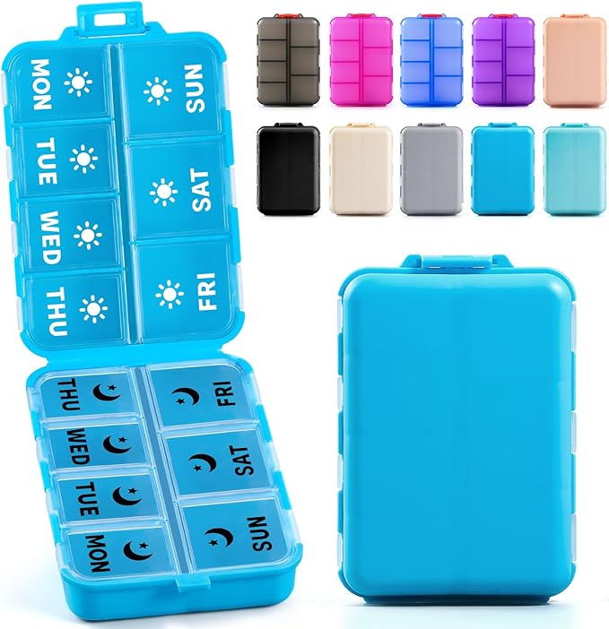 Foldable & Portable Weekly Pill Organizer 2 Times a Day with Clear Printed Labels - 7 Day AM PM Medicine Box, Week Daily Travel Pill Meds Case Holder for Medications, Vitamin, Supplement - Blue