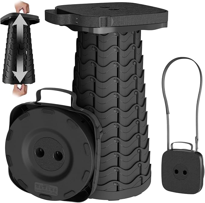 2026 Upgraded Portable Folding Stool, Collapsible Stool, Telescoping Camping Stool with Max Load Capacity 485lbs, Square Retractable Seat for Camping Gardening Fishing Hiking BBQ[Black]