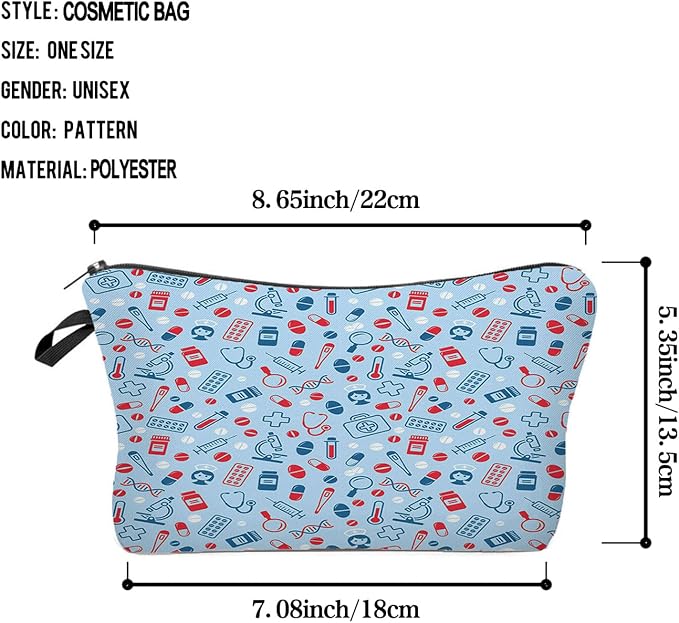 Livel lhood Blue Medical Supplies Small Makeup Zipper Bag | Blue Medical Supplies Printed Cosmetic Organizer Pouch, Medical Theme Gift for Women Friends, Cute Travel Toiletry Bag