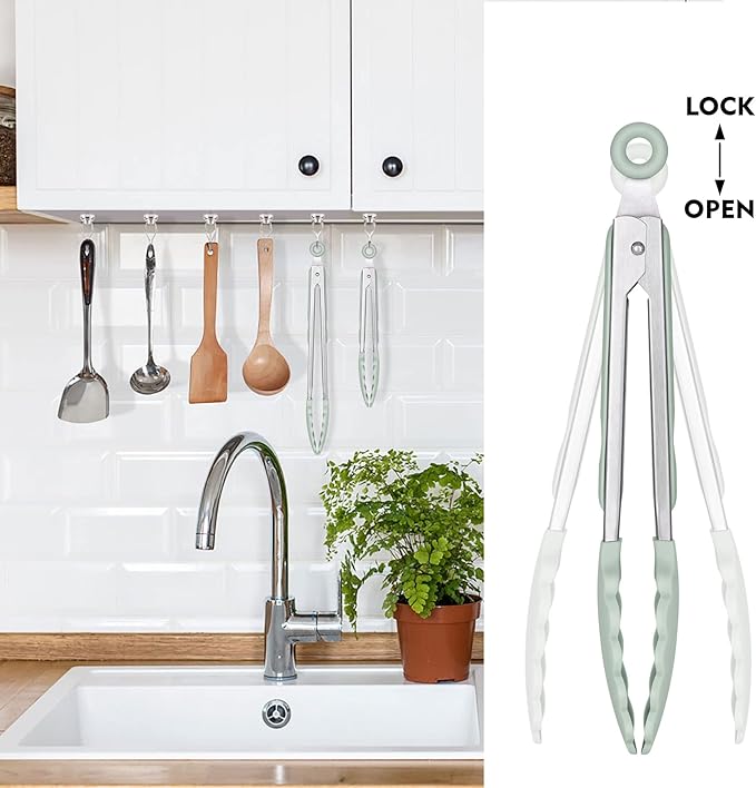 HOTEC Premium Stainless Steel Locking Kitchen Tongs with Silicon Tips, Set of 3-7", 9" and 12" (Light Green)