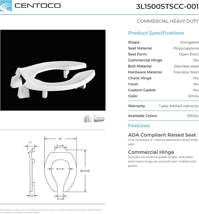 Centoco 3 inch Raised Toilet Seat for Seniors, Elongated, Open Front, White | Plastic, No Cover, 3L1500STSCC-001, Made in the USA