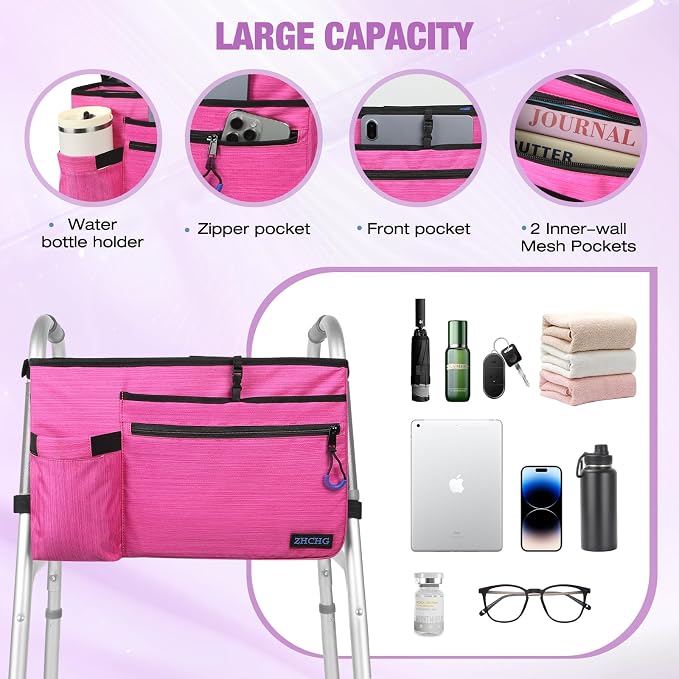 ZHCHG Walker Bag with Cup Holder, Walker Accessories for Seniors Detachable | Foldable Walker Basket with Large Capacity, Best Gift (Not Fit Rollator Walkers)- Pink