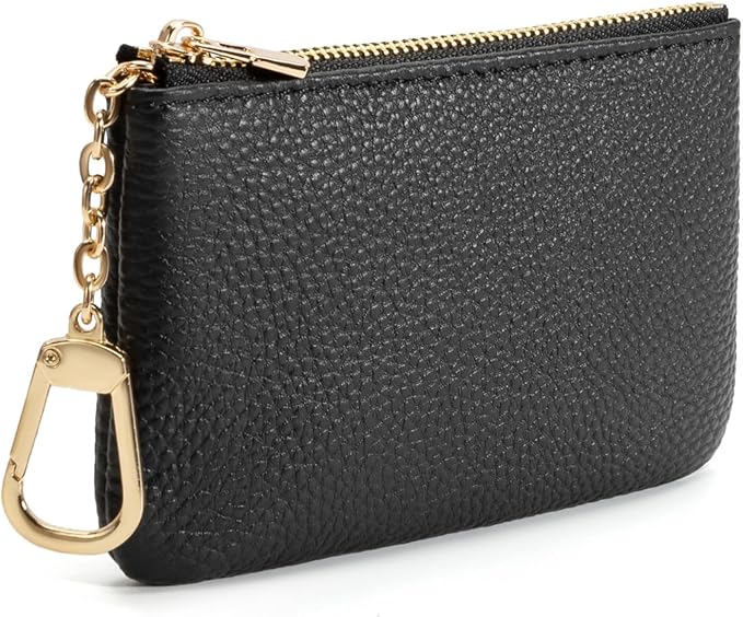 Full Grain Leather Coin Purse with Key Chain - Small Change Purse Keychain Card Holder Keychain Pouch Small Keychain Wallet for Women and Men (Black - Large Size)