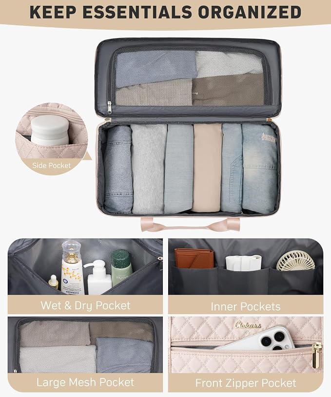 Weekender Bags for Women, Wide Open Large Travel Duffle Bag with Shoe Compartment, Overnight Carry on Bag Personal Item Travel Bag with Wet Pocket (Nude)