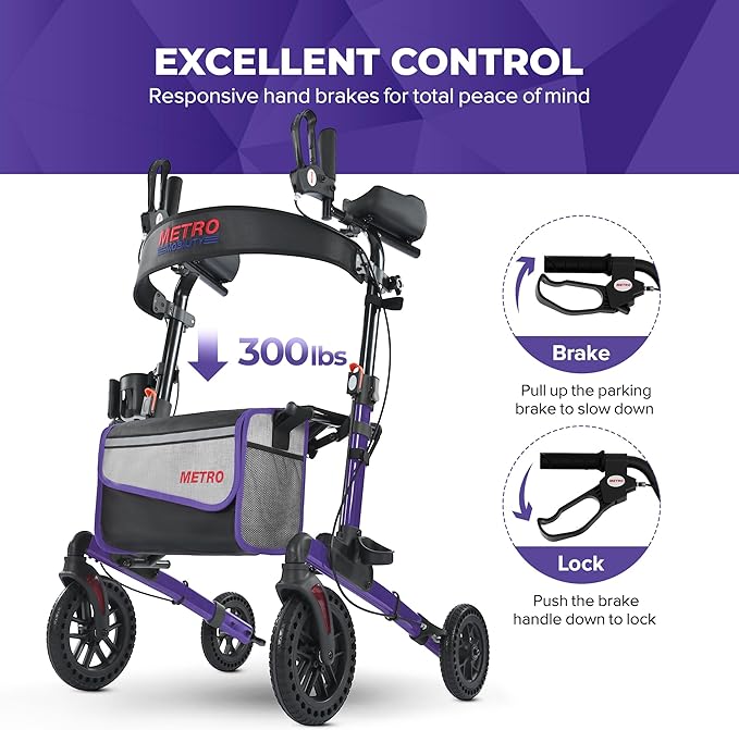 Metro Mobility Rollator Walker with Seat for Seniors, Foldable Lightweight Rolling Walker, 10" Big Front Shock-Absorbing Honeycomb Wheels for All Terrain, 300 lb. Weight Capacity, Purple