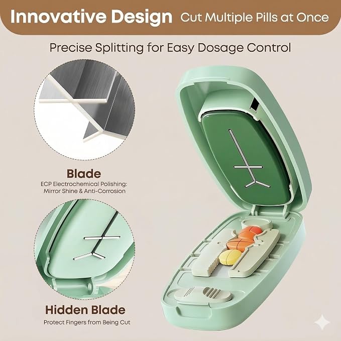 Pill Cutter for Small & Tiny Pills - Adjustable Multi-Cut Tablet Splitter (1/2, 1/3, 1/4 Cuts,) | Safe Hidden Blade & Portable Carry Around Pill Splitter for Cuting Vitamins, Tablets (Matcha Green)