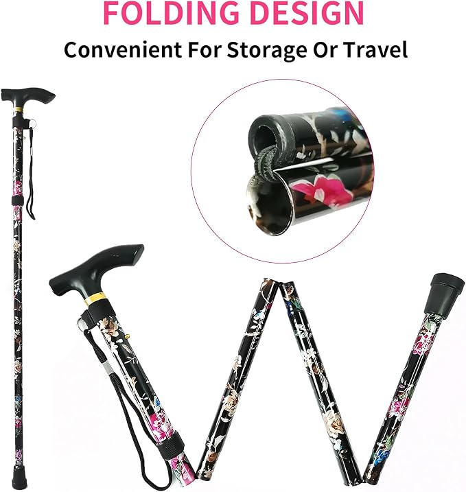 Folding Canes for Men and Women, Floral | 5-Level Adjustable Height, Lightweight Collapsible, Aluminum, Wrist Strap, T Handle, Walking Sticks for Seniors Adults