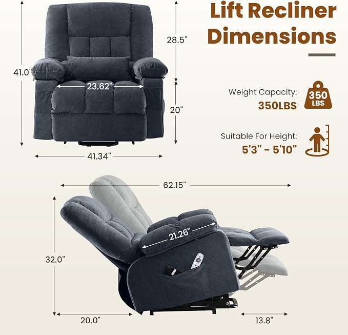 Electric Power Lift Recliner Chair Sofa with Massage and Heat for Elderly,Lift Chair with Front Pocket & Side Pockets for Living Room