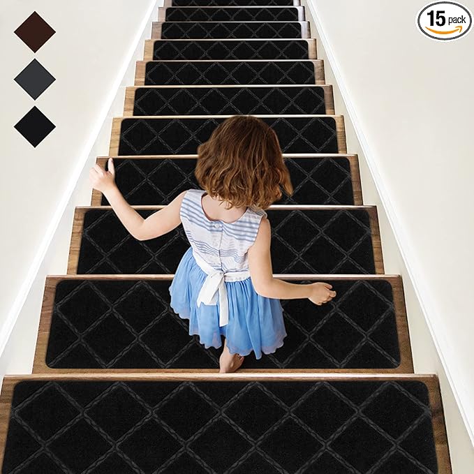 RIOLAND Stair Treads Carpet Non-Slip Indoor 15 PCS Wood Stair Treads Rugs Anti Moving Modern Stair Runners Safety for Kids Dogs, 8" X 30", Diamond Black
