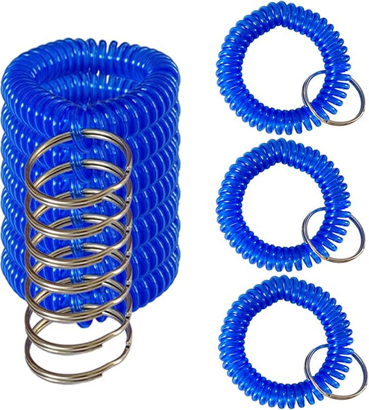 10 Pieces Wrist Coil Keychain Spiral Key Ring, Clear Blue | Wristband Bracelet Key Holder for Pool Gym ID Badge