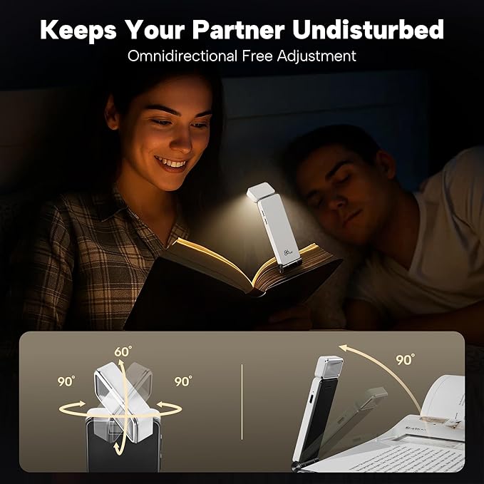 86lux Book Light, Rechargeable Clip-On LED Reading Light for Bed & Night Use - 3 Color Temperatures with Stepless Dimming, Ultralight Bookmark Design for Kids, Book Lovers, White