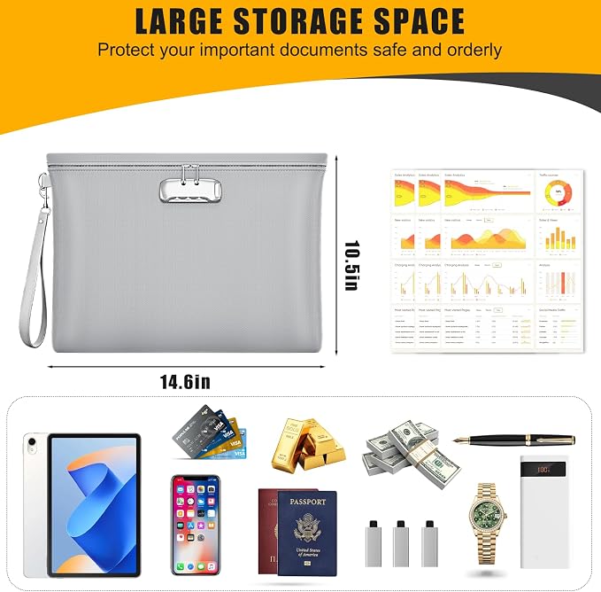 Fireproof Document Bag with Lock, ZOOPIP 14.6"x10.5" Fireproof and Waterproof Money Bag with Zipper Closure, Storage Pouch for A4 Letter Size Document, Cash, Cell Phone, Passport-Gray