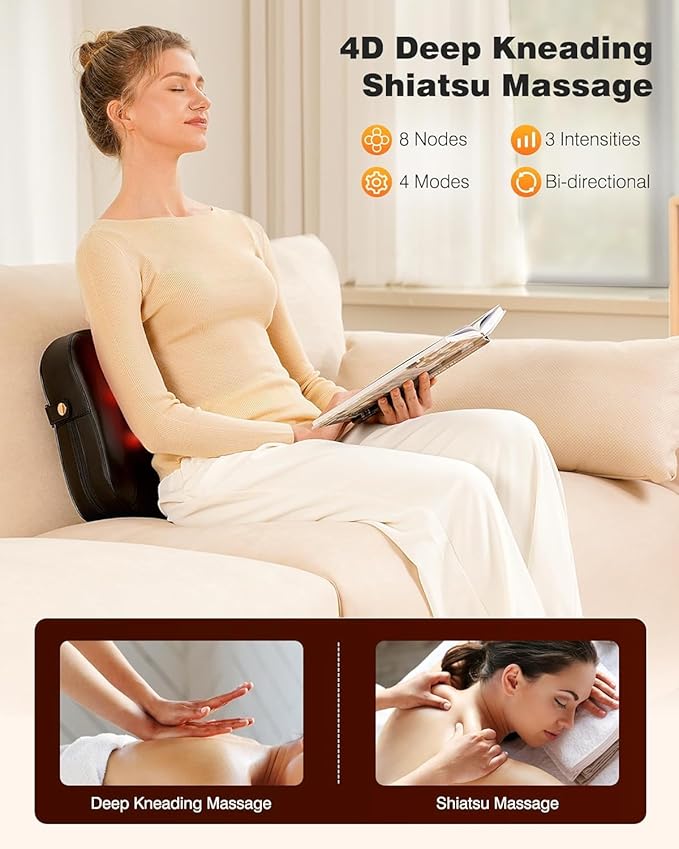 Shiatsu Back Massager with Heat - Deep Tissue 2-in-1 Kneading Chair Massage Pillow for Lower Back/Leg/Shoulder - Lumbar Support Pillow for Back Pain Relief - Christmas Gifts for Mom Dad Senior Women