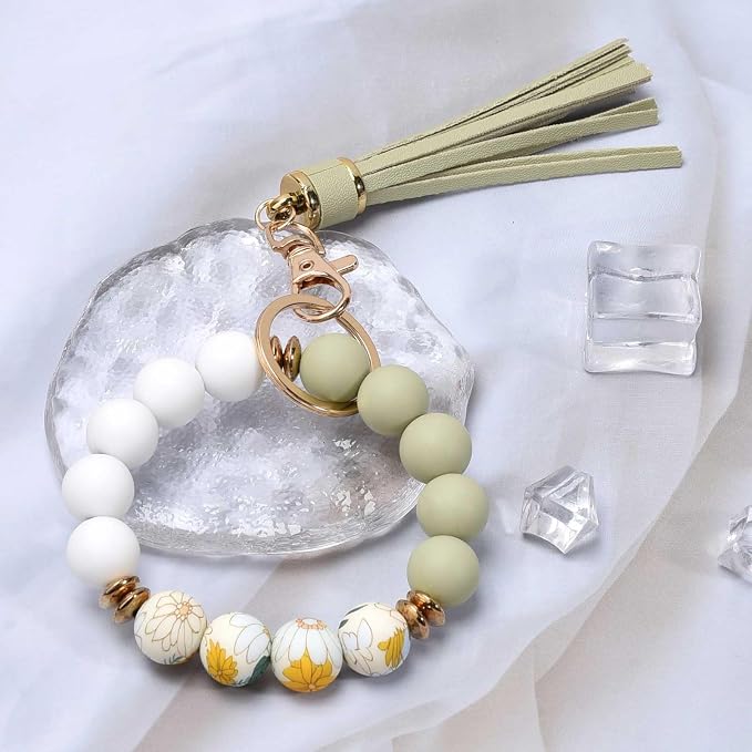 BAOSIWA Silicone Beaded Bracelet Keychain Wristlet Key Ring Bangle Chains for Women with Leather Tassel