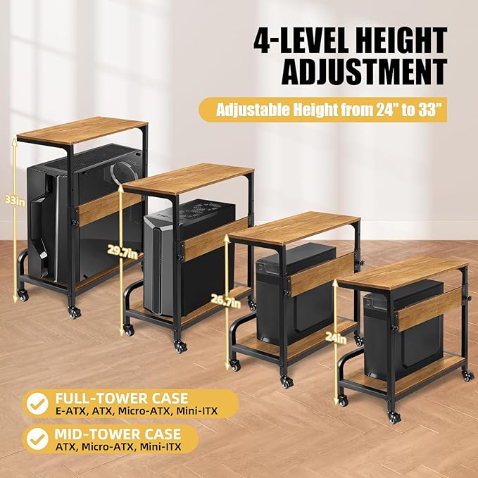 2-Tier Computer Tower Stand Adjustable, Gaming PC Floor Stand Large for ATX, E-ATX, ITX, Rolling PC Tower Cart with Guardrail, Metal Locking Wheels, 32.7" X 21.6" X 15.8",Walnut