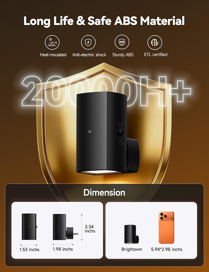 Brightown BL-WM-Square-Black-PW-2PC | Modern Night Light with Rotating Plug, Dusk to Dawn Sensor, 0-100LM Stepless Dimming Night Light for Hallway Bedroom Bathroom