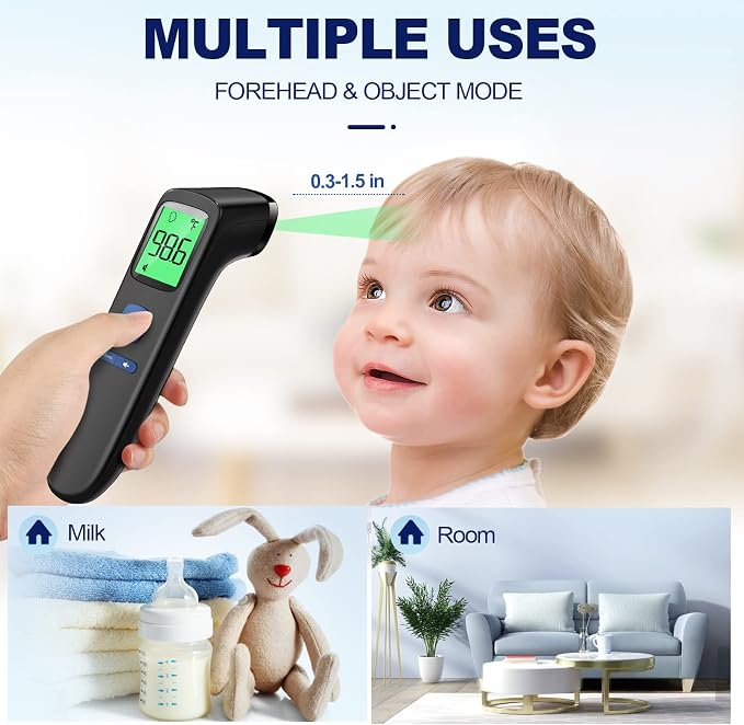 No-Touch Thermometer for Adults, Kids, Babies, 1-Sec Fast Accurate (Black) | Fever Alarm, Large LCD with 3-Color Backlight, Silent Mode, 35-Reading Memory, Forehead & Object Mode, for Home & Clinic