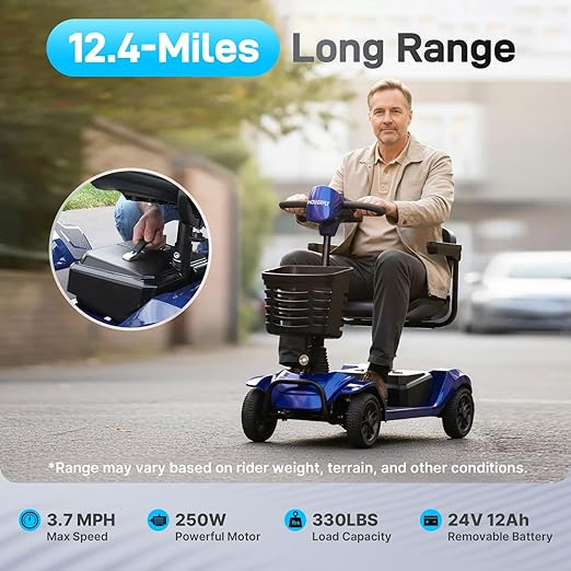 Hoverfly T4 Mobility Scooter for Seniors, Max 12.4-Mile Range & 3.7 mph, 3-Position Seat & Anti-slip Rear Wheel, Removed Battery&Quick Fold Design, Solid 9" Tire&330 lb Capacity, Ease of Assembly Blue