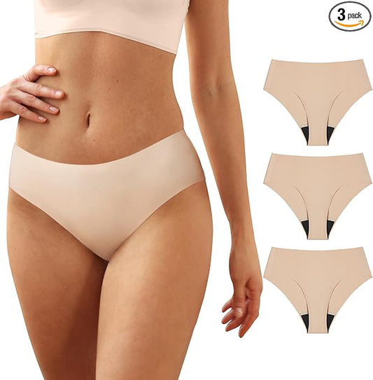 Washable Incontinence Underwear for Women, 1.8 oz Absorbency Leak Proof Seamless Mid Rise Briefs for Postpartum 3 Pack (Beige, XL)