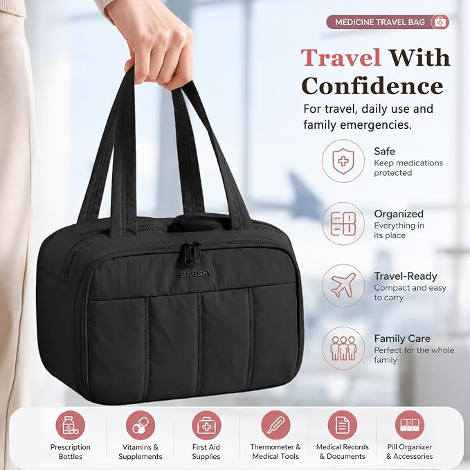 Travel Medicine Storage Bag with 2 Compartments, Wide-Mouth Medical Organizer, Puffy Lightweight First Aid Bag for Prescription Bottles, Pill Cases, Medical Supplies & Family Emergency Essentials