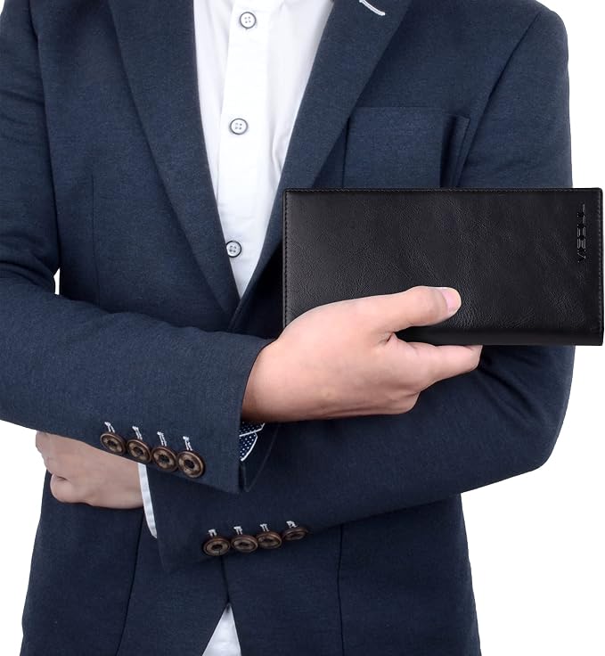VISOUL Leather Checkbook Cover Wallet for Men with RFID Blocking, Mens Long Bifold Cash Tall Wallet with 11 Credit Card Slots 1 ID Window (Black and Orange)