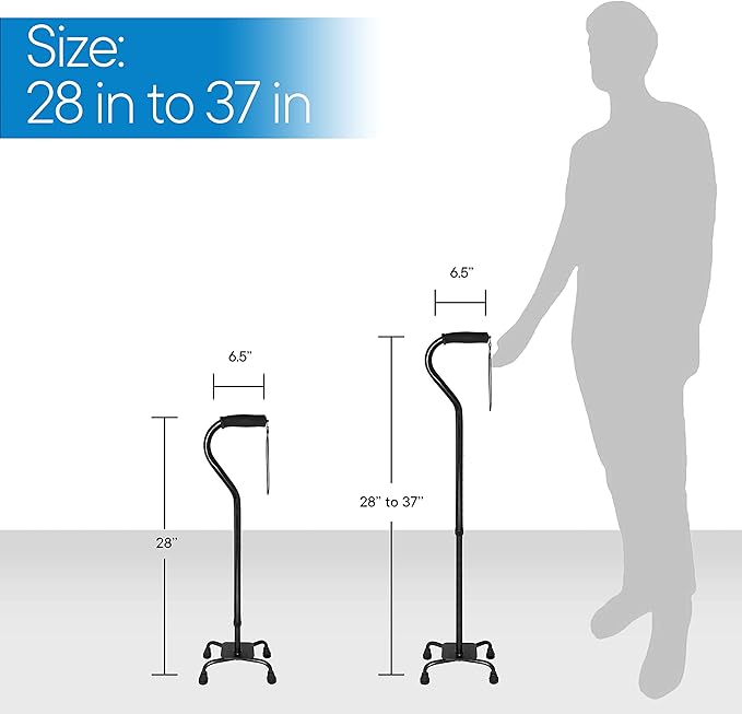 RMS Quad Cane - Adjustable Walking Cane with A Large Four-Pronged Base for Extra Stability - Foam Padded Offset Handle for Secure & Comfort Grip - Works for Right or Left Handed Men or Women