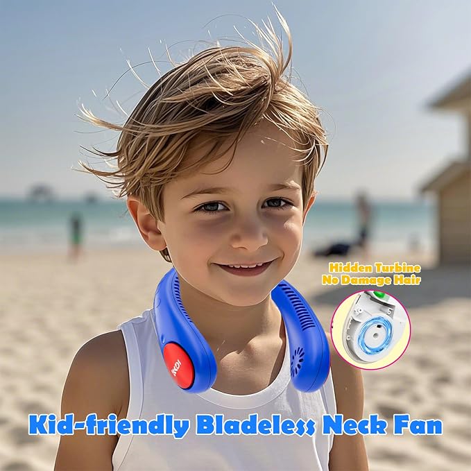 Kids Neck Fan, Portable Bladeless Neck Fan for Kids 4-14Y, 2600mAh Rechargeable Wearable Fan for Girls Boys, 4 Speeds Lightweight Quiet Cooling Fan for Study, Camping, Travel, Summer Essential