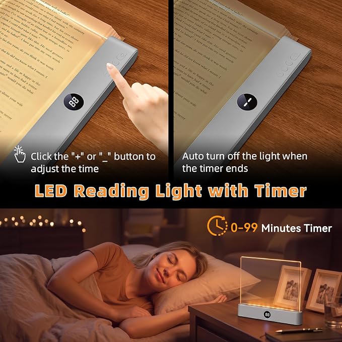Amber Book Light, Rechargeable Clear LED Flat Reading Light with 3 Colors & Timer, Dimmable Panel Plate Lamp Book Full Page Light for Reading in Bed at Night, Funny Gifts for Readers Book Lovers