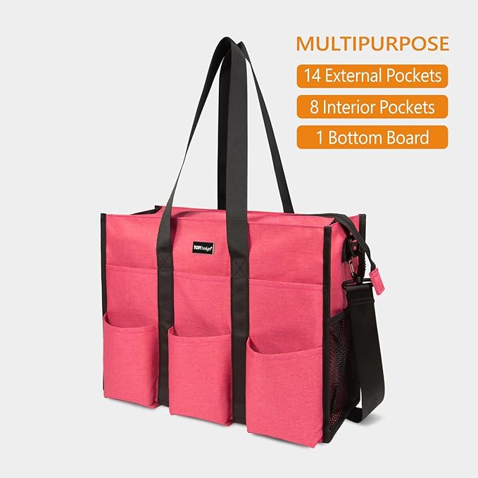TOPDesign Utility Water Resistant Tote Bag with 22 Pockets, Top Zipper Closure & Thick Bottom Support, for Working Women